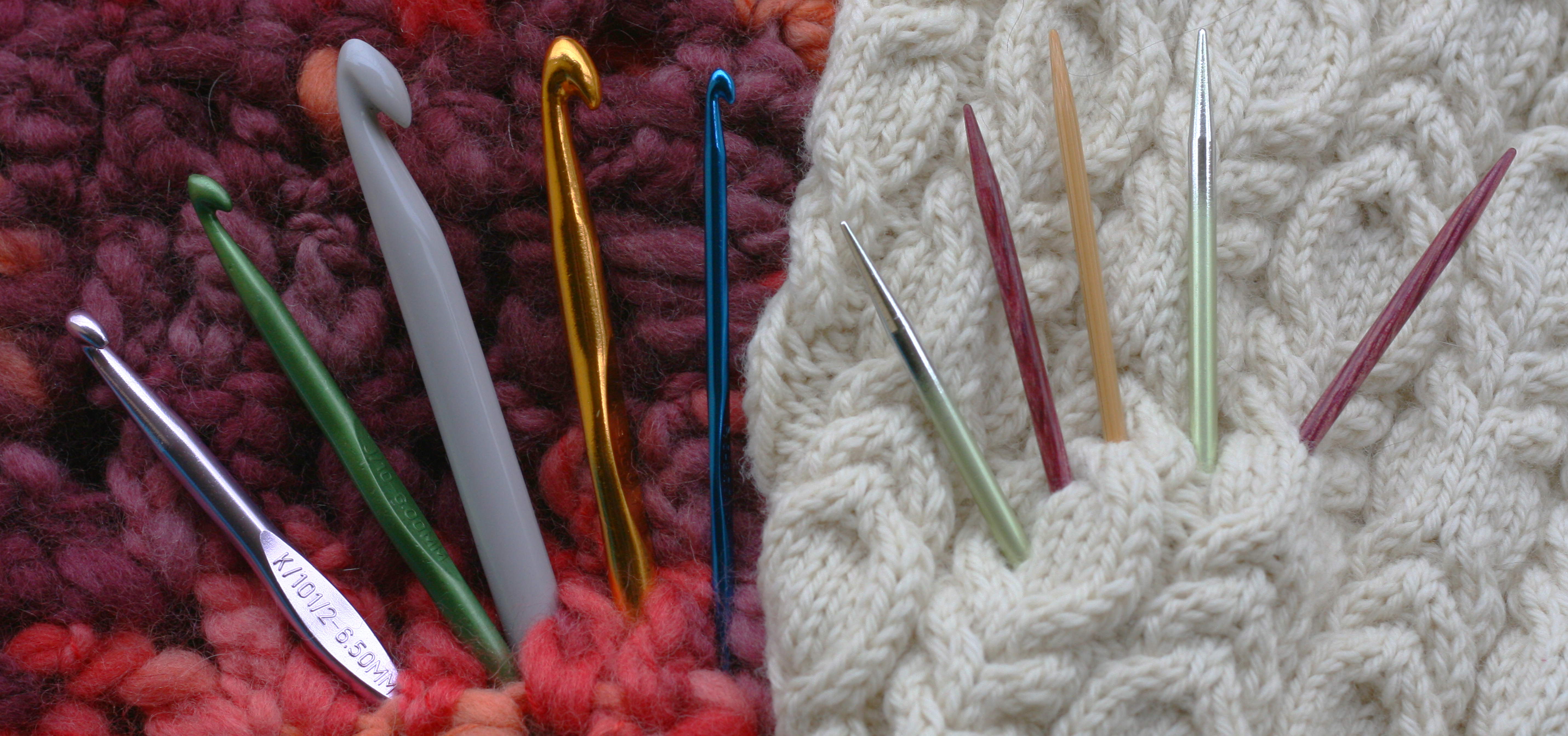 a collection of knit needles and crochet hooks